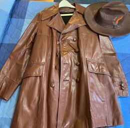 Vintage Mens 3/4 Choccolate Leather Jacket With Half Belt And Buttons Plus Hat - Mb01