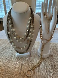 Bella Jack Gold Tone Faux Pearl And Crystal Multi Strand Necklace And Gold Tone And Rhinestone Necklace - J42