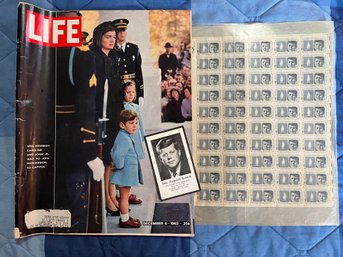 Kennedy Collectors Lot -  Life Magazine Dated 1963 And Two Pages Of Uncut 1963 Kennedy Stamps - Mb13