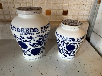 Two White And Blue Decorative Jars With Covers From Italy - K30