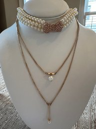 Adorable Pearl Choker With Peach Stone Bow & Ann Taylor Long Gold Tone Double Chain - J55