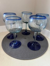 Set Of 5 Blown Glass Globe Goblets Blue