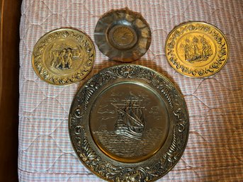 Three Tin And One Copper Decorative Wall Plates - BL59