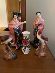 Two Lusterware Asian Figures, Two Pink Flamingos And Italian Vase - BL60