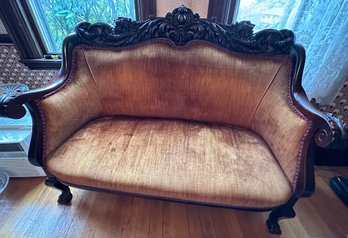 Antique Settee With Carved Wood Frame And Ball & Claw Feet - D3