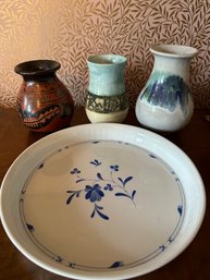 Three Pottery Vases And Royal Worcester Baking Dish (looks New) - D18
