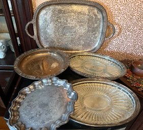 5 Silver Plate Serving Trays Two Have Glass Inserts - D22