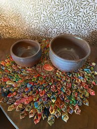 Two Handmade Pottery Bowls With Handcrafted Mat - D23