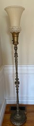 Antique Torchiere Glass Opalescent Shade Floor Lamp With Heavy Ornate Column - FR6