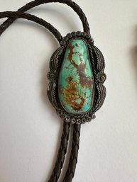 Navajo Signed Vintage Bennett Sterling Silver Turquoise Bolo Tie - J4