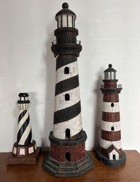 Trio 3 Rustic All Wood Hand Painted Lighthouses Tallest Measures 28 Inches