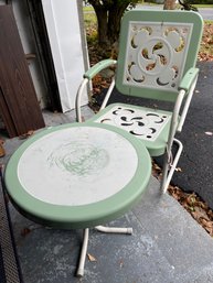 Vintage Mint Green & White Metal Chair With Matching Table