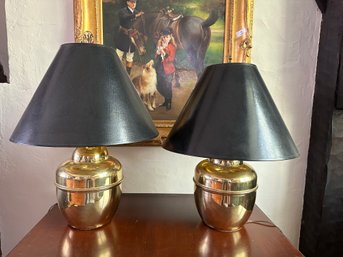 Pair Of  Vintage Brass Ginger Jar Style Lamps With Beautiful Black Shades - 27