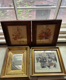 2 Vintage Floral Prints With Small Mirror & Winter Scene -85