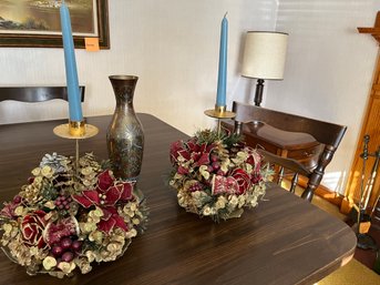 Two Gold And Red Holiday Candle Centerpieces Plus Brass Vase - L156