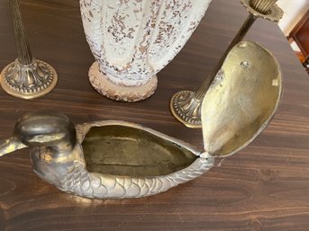 Golden Brass Mallard With Inside Storage, Two Candle Sticks Plus Vase - L157