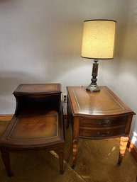 Two Leather Topped End Tables By Hammary On Casters And One Wooden Lamp - L167