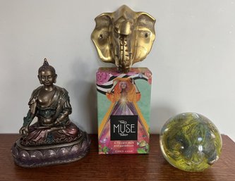 Mystic LOT - 78 Deck The Muse Tarot Cards - Brass Elephant Wall Hook - Buddha - Glass Paperweight Orb