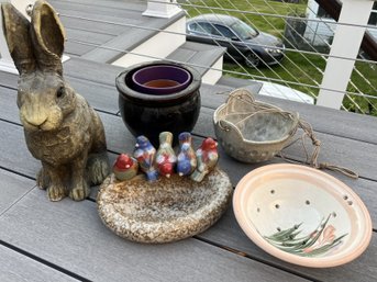 Miscellaneous Garden Lot - Rabbit - Bird Dish - Pots - 1 Handing Planter