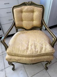 Antique French Wood Upholstered Chair W/ Gold Brocade Fabric - 124