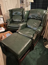 Pair Of Dark Green Leather Back Chairs With 1 Matching Ottoman. - 128