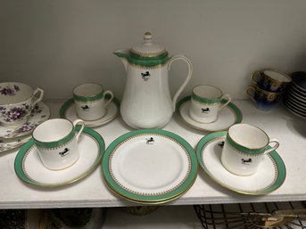 Spode Tea White & Green Set: Pot 4 Cups & Saucers With 2 Plates - 180