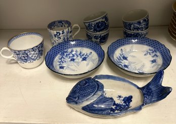 Pretty Blue & White Lot With Clay Fish Dish - 184