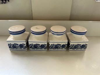 4 Antique Blue & White Square Ceramic Spice Jars - 223