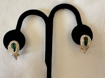 Emerald, Diamond & 14k Yellow Gold French Clip Pierced Post Earrings - 1
