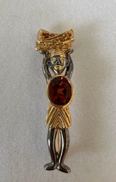 14k Yellow Gold Egyptian With Diamond Eyes & Orange Toned Gems Pendant/Pin - 4