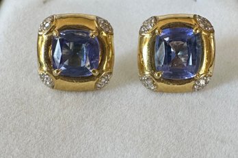 18k 750 Yellow Gold Square Diamond & Tanzanite Pierced Post Earrings - 11