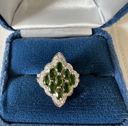 14k White Gold Diamond Ring With 9 Emeralds - 15