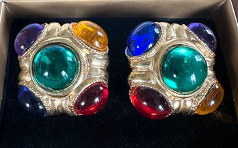 1980s Large Gold Tone & Multicolored Cabochons Clip On Earrings Bought In Paris - J14