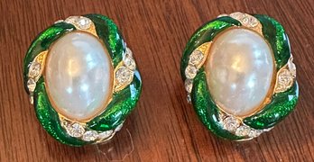 Vintage Green Enamel Rhinestone And Mabel Pearl Clip On Costume Earrings - J13