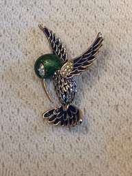 Vintage Humming Bird Brooch With Enamel & Rhinestones Set In Gold Tone - J10