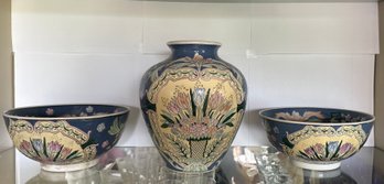 3 Matching Slate Blue Flowered Decorative Bowls And Large Vase - C41