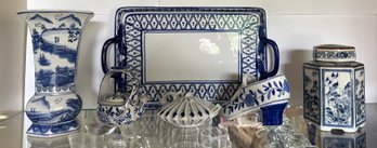 6 Pcs Blue & White Collection: Tea Canister, Tray, Shoe, Vase, Etc - C43