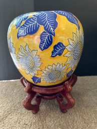 Pretty Yellow And Blue Flower Pot On Wooden Stand - D5