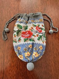 Antique Victorian Micro-bead Mini Purse With Crochet Drawstrings And Dangling Ball - NO DAMAGE!