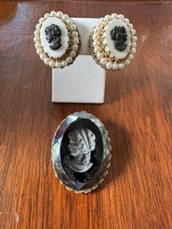 Victorian Mourning Revival Cameo Pin And Antique West Germany Cameo Clip Earrings - 20
