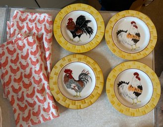 4 French Country Rooster Dessert Plates And 2 Rooster Dish Towels-k13