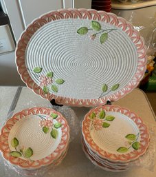 Pretty Peach Flower Serving Tray With 12 Matching Plates-k