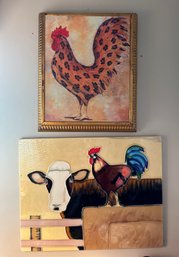 3 Wall Hangings, Pair Rooster Framed Plaques And 1 Cow & Rooster Tile -k21