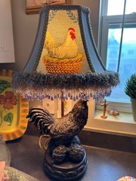 Pretty Wood-like Rooster Lamp With Ornate Blue Jeweled Lamp Shade-k22