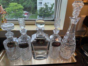 5 Crystal Glass Decanters With Liquor Tags On Gold Tray-k23