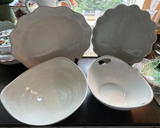 4 Piece White Serving Lot 2 Bowls, 1 Platter, 1 Tart Pan -k25