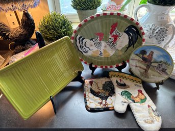Rooster Serving Lot Including A Large Oval Rooster Baking Dish, Etc. - K28