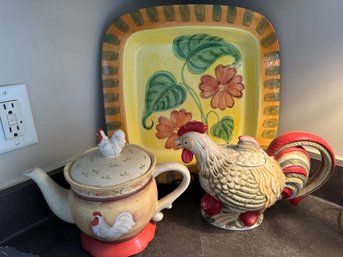 2 Rooster/ Chicken Cookie Jars And Large Flower Platter -k35