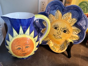 Fabulous Ceramic Sun Platter And Sun Pitcher- K36