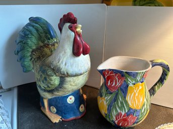Rooster Cookie Jar And Pretty Tulip Vase- K37